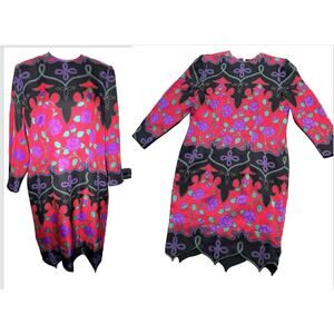 Pauline Trigere Silk Red Print VTG Dress Neiman Marcus Retro Shift L‎
